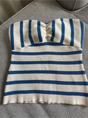Favorite Daughter Striped Strapless Knit Top in Cream & Blue